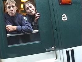 Daniel and Tom say farewell as they leave Bristol Parkway station on the 15:00 train to Reading, along with Kieron and Alasdair